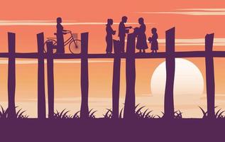 monk ask for food and woman hold bicycle on wooden bridge vector