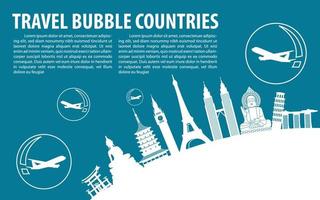 Concept art of travel bubble by landmarks symbols with corona virus situation vector