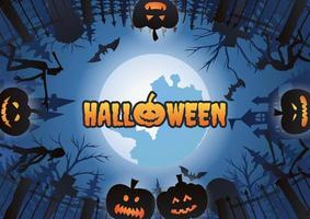 Halloween background with surround of graveyard scene and pumpkins on Halloween night vector