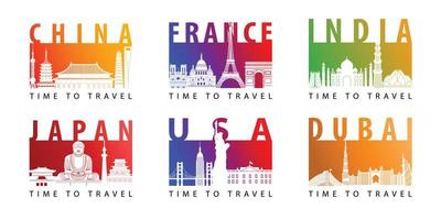 Bundle of famous landmark silhouette modern style with bright gradient flag color vector