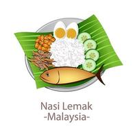 vista superior de la comida popular de asean national, nasi lemak, en dibujos animados vector