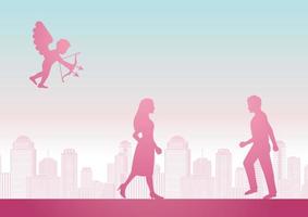 cupid shoot arrow to man and woman to become couple with pink pastel color design vector