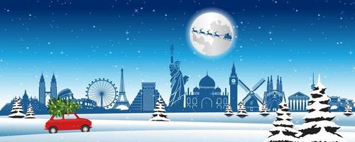 Red car run across snow and world landmarks with Christmas tree to send gifts to everyone vector