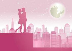 couple hug together near tower roof top around with skyscraper,silhouette style vector