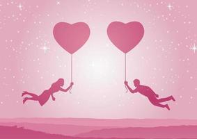 couple hold heart balloon and fly approach together,concept art mean heart connect love vector