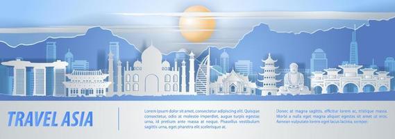 Asia famous landmark paper art with orange blue and white color design vector