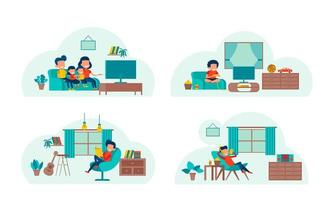 set of cartoon version of working home and stay home vector