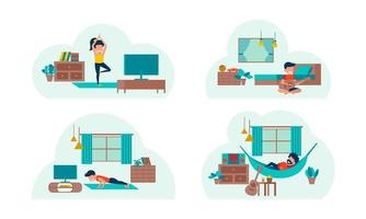 set of cartoon version of working home and stay home vector