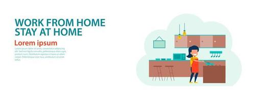 banner of cartoon version of working home and stay home vector