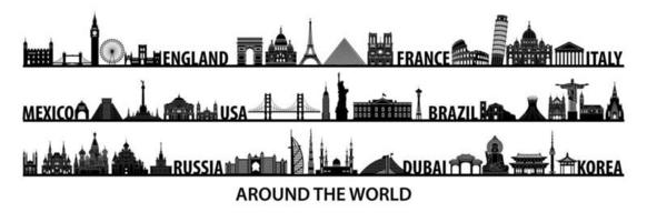 world famous landmarks silhouette style with black and white color design vector
