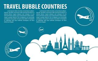 Concept art of travel bubble by landmarks symbols with corona virus situation vector