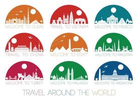 World famous landmark silhouette style inside by multil and bright half circle shape vector