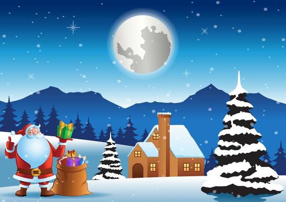 Santa claus stand in front of house with bag on Christmas night