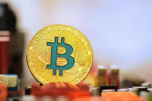 Bitcoin crypto currency on circuit board .virtual money.blockchain technology.mining concept photo