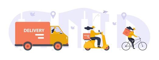 concepto de ilustración de servicio de entrega en línea, servicio de mensajería de entrega femenina en bicicleta, scooter y camión. vector