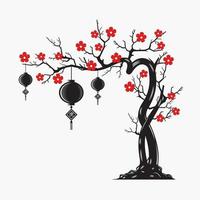 Linterna de año nuevo chino lunar de tigre con ilustración de vector de arte de línea de flor de ciruelo.