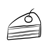 Simple hand drawn piece of cake isolated on white background. Piece of cake with cherries. Doodle style. Vector illustration