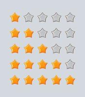 Glossy yellow stars rating set vector illustration. Vote quality ranking cartoon star collection on light background