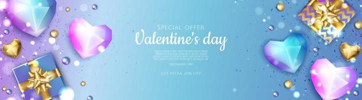 banner creativo romántico feliz día de san valentín, encabezado horizontal para el sitio web. fondo realista corazón 3d, caja de regalo. vector