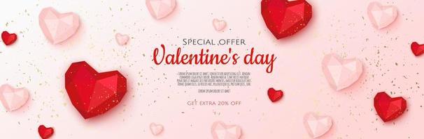 Happy Valentine s Day. Horizontal banner, header template for the website. Realistic design elements, red hearts with sparkles confetti. vector