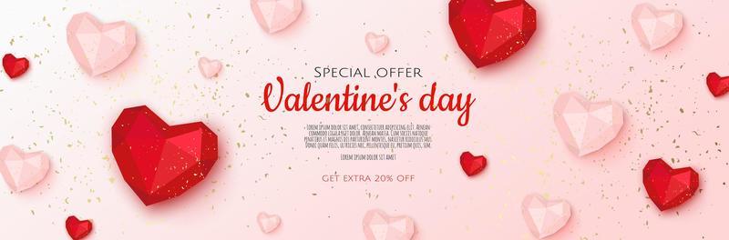 Happy Valentine s Day. Horizontal banner, header template for the website. Realistic design elements, red hearts with sparkles confetti.