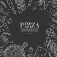 Pizza ingredients background. Linear graphic. Tomato, garlic, basil, olive, pepper, mushroom, leaf. vector