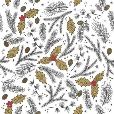 Christmas seamless pattern, white background. Pine twigs, red berries, snowflakes. Season greeting digital paper. Winter Xmas holidays