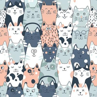 Seamless pattern with cats. Cute cat set. Funny cartoon animal characters.