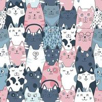 Seamless pattern with funny cats, cat food and fish on a white background. vector