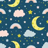 Seamless children pattern with clouds, moon and stars. Creative kids texture for fabric, wrapping, textile vector