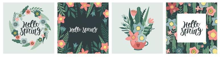 Collection of greeting card or postcard templates with flowers, floral wreath. Modern festive vector illustration for 8 March celebration.