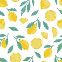 Seamless summer pattern with lemons and leaves. vector