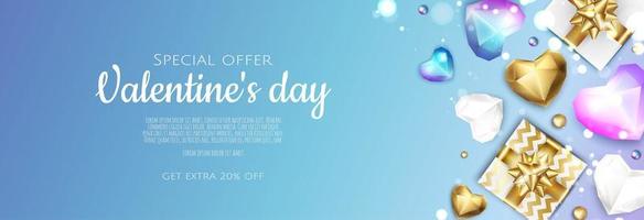 Happy Valentine s Day Romantic creative banner, horizontal header for website. Background Realistic 3d heart, gift box. vector