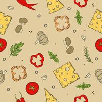 Seamless texture. Vector color image of a pizza. Slices with various ingredients.