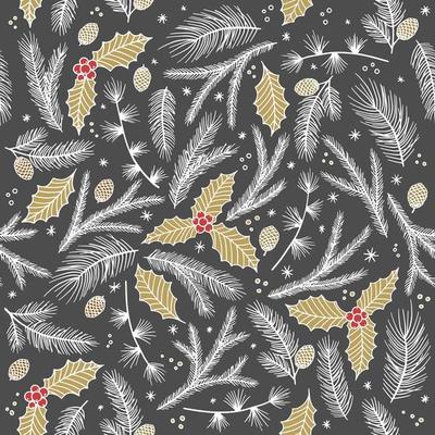 Christmas seamless pattern, white background. Pine twigs, red berries, snowflakes. Season greeting digital paper. Winter Xmas holidays.