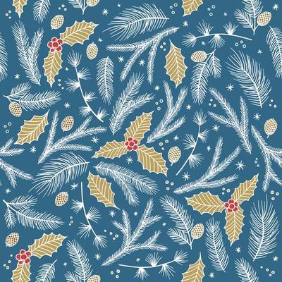 Christmas seamless pattern. Pine twigs, red berries, snowflakes. Season greeting digital paper. Winter Xmas holidays
