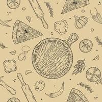 Seamless texture. Vector color image of a pizza. Slices with various ingredients.