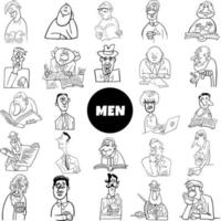 Conjunto grande de personajes de hombres de dibujos animados divertidos en blanco y negro vector