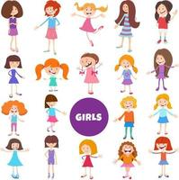 cartoon elementary age and teen girls characters big set vector