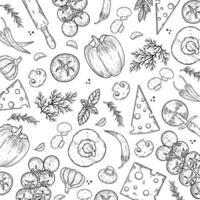 Vector background with cheese, tomato, pepper, thyme, basil, garlic, mushrooms, onion.