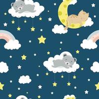 Seamless children pattern with cat, bear, clouds, moon and stars. Creative kids texture for fabric, wrapping, textile, wallpaper, apparel vector