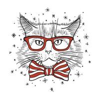 Hand drawn portrait of Cat in glasses with bow tie. Vector illustration isolated on white