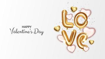 Happy Valentines day greeting card with 3d gold balloon hearts. Vector illustration