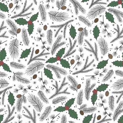 Christmas seamless pattern, white background. Pine twigs, red berries, snowflakes.