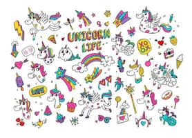 Illustrations of a magical unicorn. Vector. Cartoon horse world with a horn. Cat Mermaid. Kawaii characters. Mythical creatures with accessories. The pattern of bright images. vector