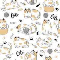 Seamless pattern of simply drawing kitty in various acting isolated on white background. vector