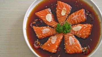 Salmon marinated shoyu or salmon pickled soy sauce in Korean style video