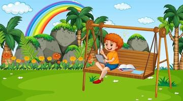 Boy learning online with tablet on swing chair in the park vector