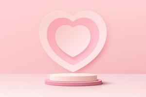 podio de pedestal de cilindro 3d rosa y blanco realista con fondo de símbolo de forma de corazón. escena mínima de san valentín para exhibición de productos, exhibición de promoción. diseño de plataforma de sala de estudio abstracto vectorial. vector