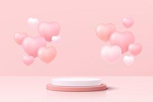 podio de pedestal de cilindro 3d rosa y blanco realista con globos flotantes en forma de corazón. escena mínima de san valentín para exhibición de productos, exhibición de promoción. diseño de plataforma de sala de estudio abstracto de vector